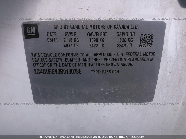 2G4GV5EV9B9190788 - 2011 BUICK REGAL CXL WHITE photo 9