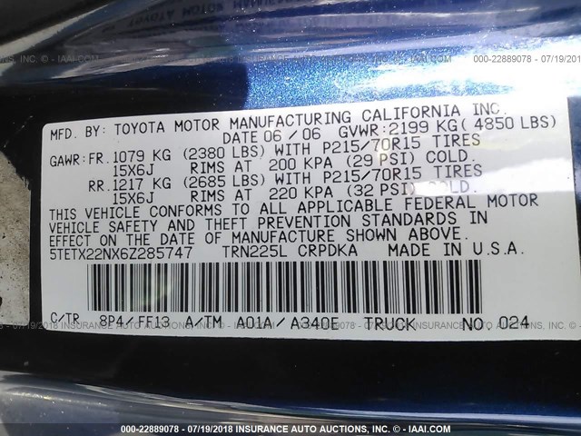 5TETX22NX6Z285747 - 2006 TOYOTA TACOMA ACCESS CAB Blau Foto 9