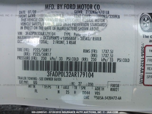 3FADP0L32AR179104 - 2010 FORD FUSION HYBRID WHITE photo 9