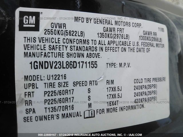 1GNDV23L86D171155 - 2006 CHEVROLET UPLANDER LS BLUE photo 9