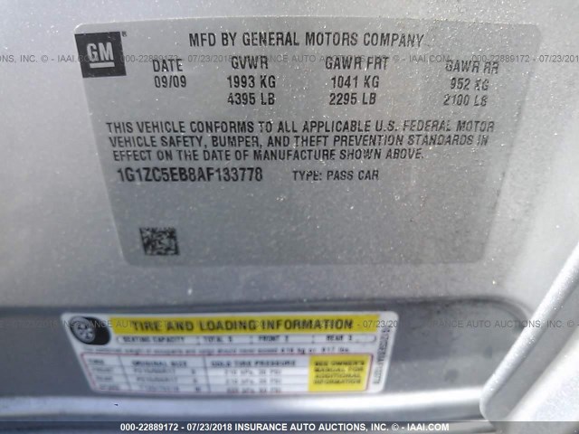 1G1ZC5EB8AF133778 - 2010 CHEVROLET MALIBU 1LT ვერცხლისფერი ფოტო 9