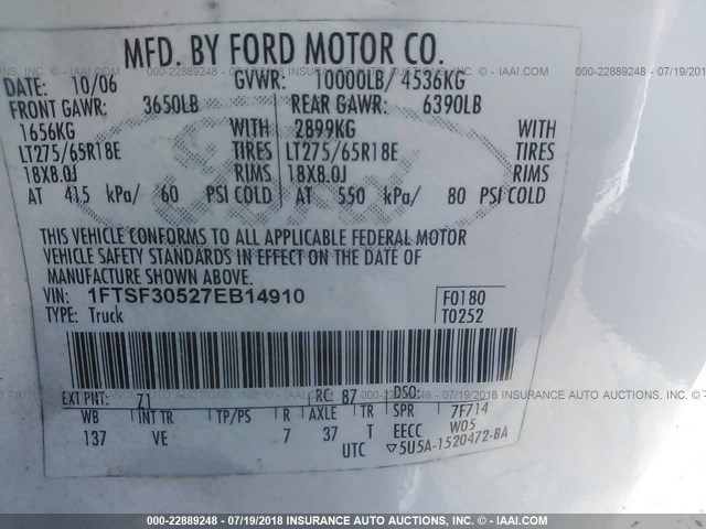 1FTSF30527EB14910 - 2007 FORD F350 SRW SUPER DUTY WHITE photo 9