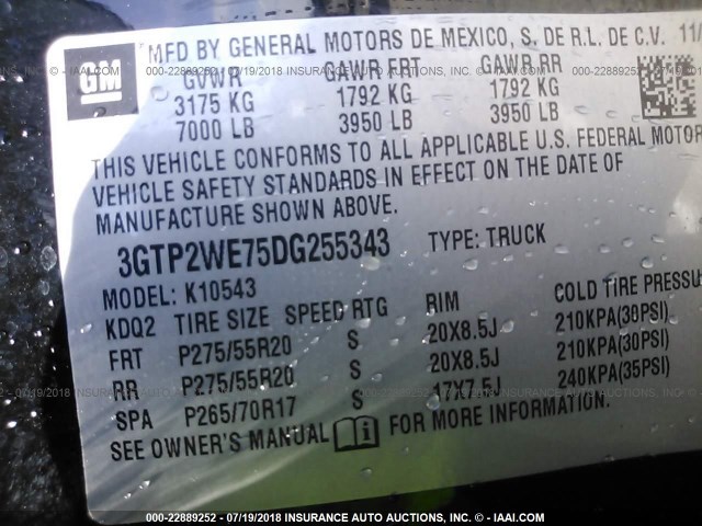 3GTP2WE75DG255343 - 2013 GMC SIERRA K1500 SLT BLACK photo 9