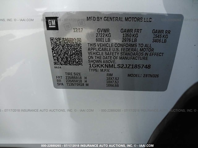 1GKKNMLS2JZ185748 - 2018 GMC ACADIA SLT-1 Biały zdjęcie 9