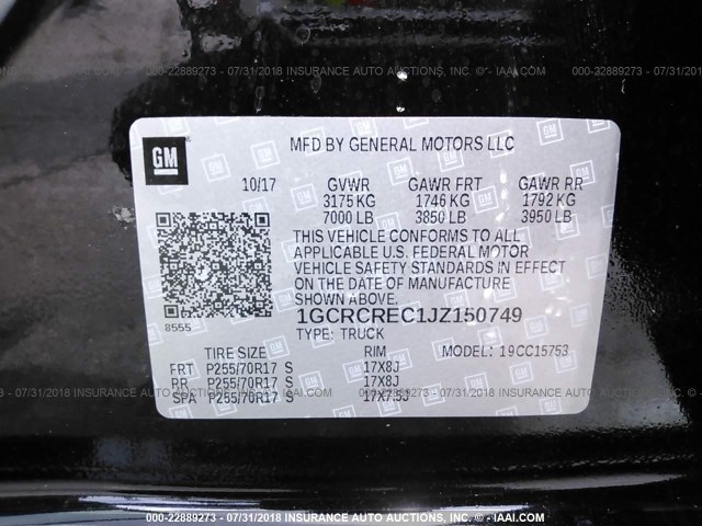 1GCRCREC1JZ150749 - 2018 CHEVROLET SILVERADO C1500 LT BLACK photo 9