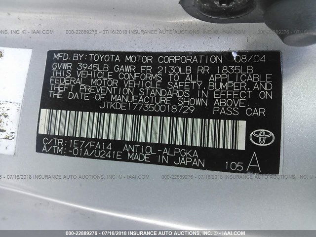 JTKDE177350018729 - 2005 TOYOTA SCION TC 银色 照片 9