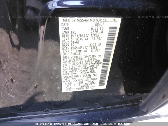 5N1AR18B68C619682 - 2008 NISSAN PATHFINDER S/LE/SE BLACK photo 9