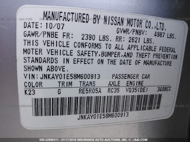 JNKAY01E58M600913 - 2008 INFINITI M35 SPORT SILVER photo 9