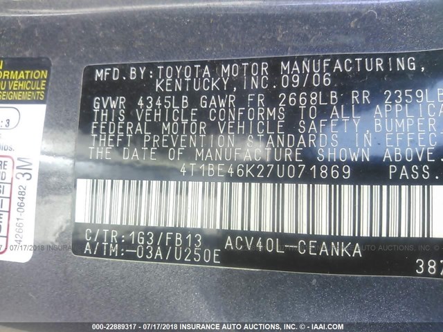4T1BE46K27U071869 - 2007 TOYOTA CAMRY NEW GENERAT CE/LE/XLE/SE GRAY photo 9