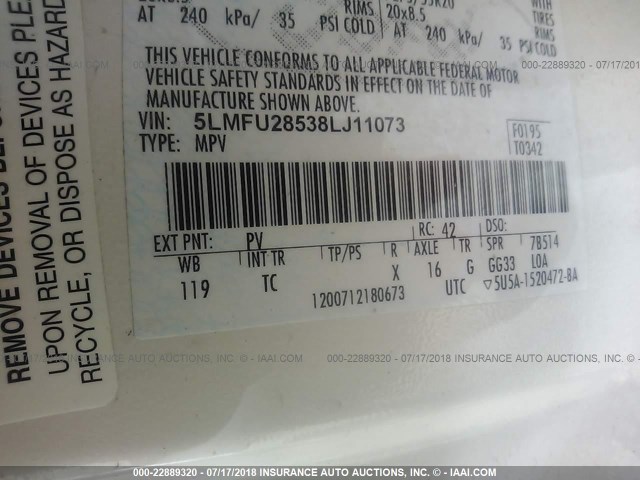 5LMFU28538LJ11073 - 2008 LINCOLN NAVIGATOR WHITE photo 9