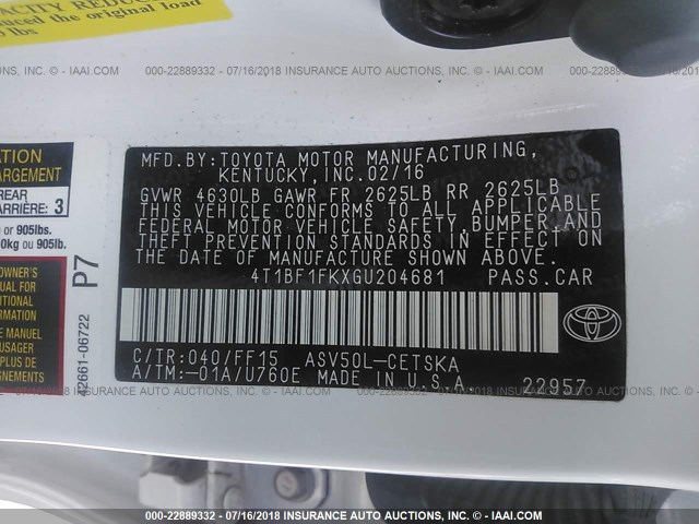 4T1BF1FKXGU204681 - 2016 TOYOTA CAMRY LE/XLE/SE/XSE WHITE photo 9