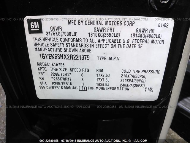 1GYEK63NX2R221379 - 2002 CADILLAC ESCALADE LUXURY მწვანე ფოტო 9