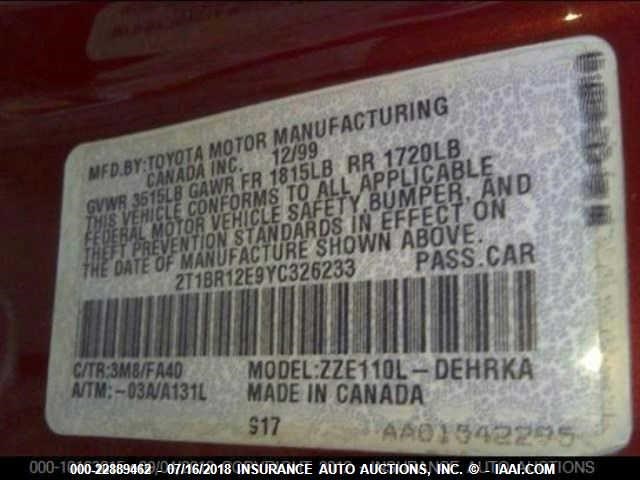 2T1BR12E9YC326233 - 2000 TOYOTA COROLLA VE/CE/LE 红色 照片 9