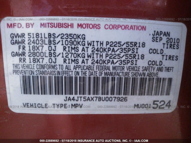 JA4JT5AX7BU007926 - 2011 MITSUBISHI OUTLANDER GT RED photo 9