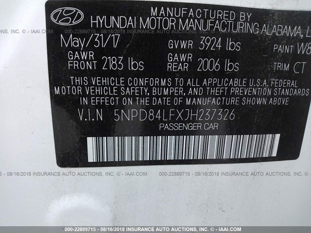 5NPD84LFXJH237326 - 2018 HYUNDAI ELANTRA SEL/VALUE/LIMITED WHITE photo 9