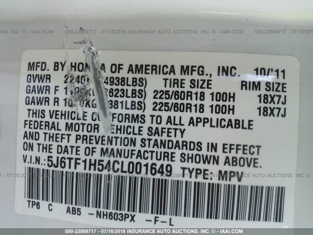 5J6TF1H54CL001649 - 2012 HONDA CROSSTOUR EXL თეთრი ფოტო 9