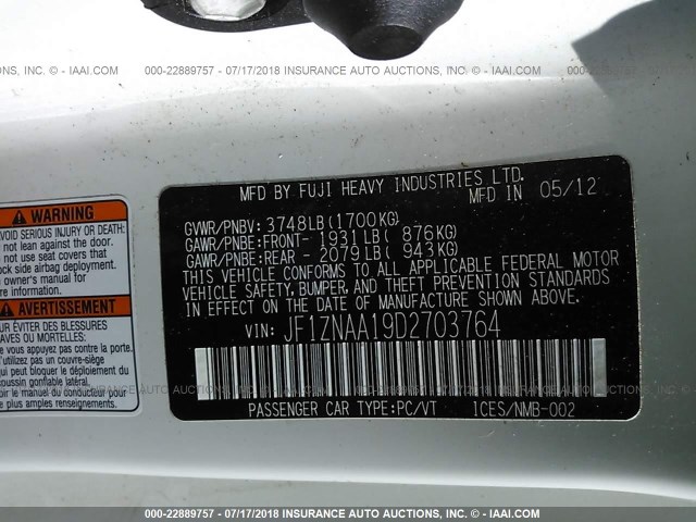 JF1ZNAA19D2703764 - 2013 TOYOTA SCION FR-S WHITE photo 9