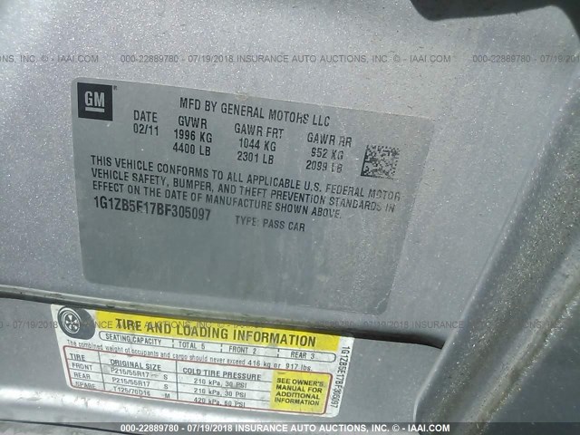 1G1ZB5E17BF305097 - 2011 CHEVROLET MALIBU LS SILVER photo 9