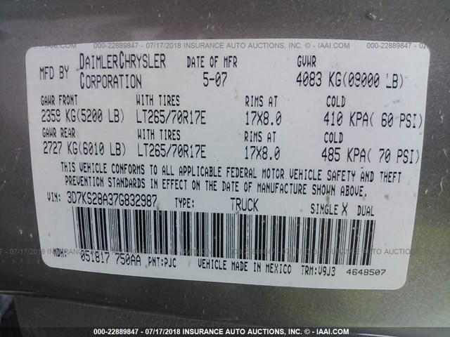 3D7KS28A37G832987 - 2007 DODGE RAM 2500 ST/SLT 金色 照片 9