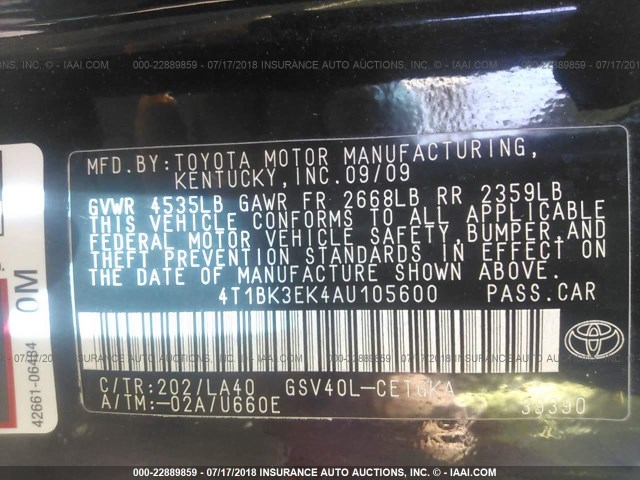 4T1BK3EK4AU105600 - 2010 TOYOTA CAMRY SE/LE/XLE შავი ფოტო 9