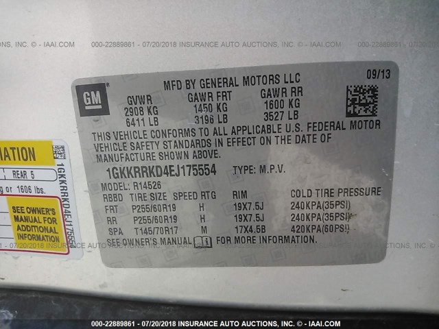 1GKKRRKD4EJ175554 - 2014 GMC ACADIA SLT-1 Сріблястий фото 9