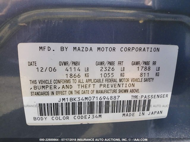 JM1BK34M071694887 - 2007 MAZDA SPEED 3 BLUE photo 9