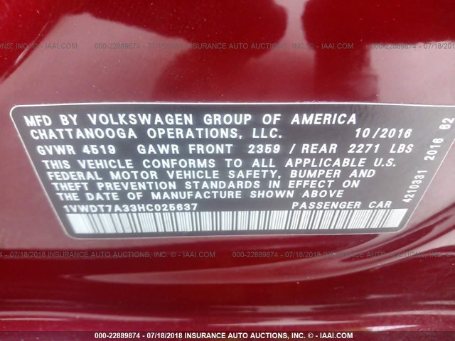 1VWDT7A33HC025637 - 2017 VOLKSWAGEN PASSAT R-LINE Qırmızı foto 9