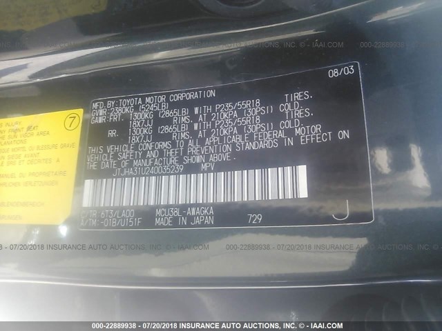 JTJHA31U240035239 - 2004 LEXUS RX 330 BLUE photo 9