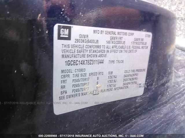 1GCEC14X78Z311944 - 2008 CHEVROLET SILVERADO C1500 BLUE photo 9