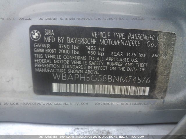 WBAPH5G58BNM74576 - 2011 BMW 328 I SULEV Light Blue photo 9