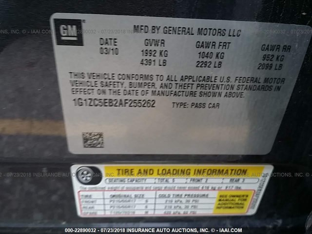 1G1ZC5EB2AF255262 - 2010 CHEVROLET MALIBU 1LT 灰色 照片 9