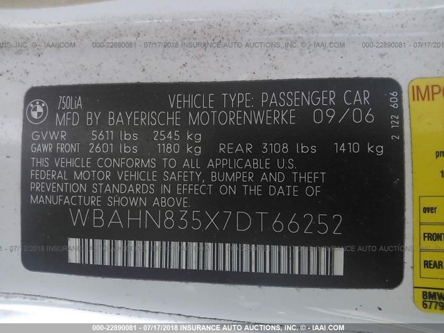 WBAHN835X7DT66252 - 2007 BMW 750 WHITE photo 9