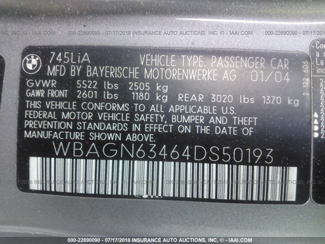 WBAGN63464DS50193 - 2004 BMW 745 LI GRAY photo 9