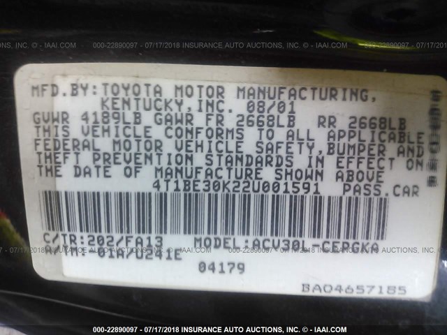 4T1BE30K22U001591 - 2002 TOYOTA CAMRY LE/XLE/SE შავი ფოტო 9