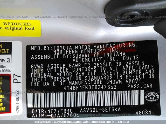4T4BF1FK3ER347653 - 2014 TOYOTA CAMRY L/SE/LE/XLE SILVER photo 9