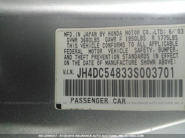 JH4DC54833S003701 - 2003 ACURA RSX SILVER photo 9