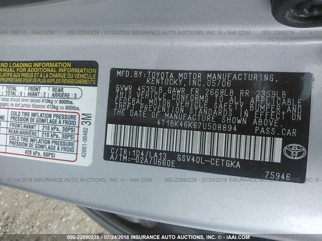 4T1BK46K67U508894 - 2007 TOYOTA CAMRY NEW GENERAT LE/XLE/SE SILVER photo 9