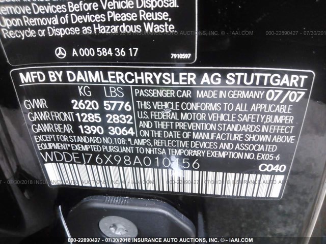 WDDEJ76X98A010456 - 2008 MERCEDES-BENZ CL 600 BLACK photo 9