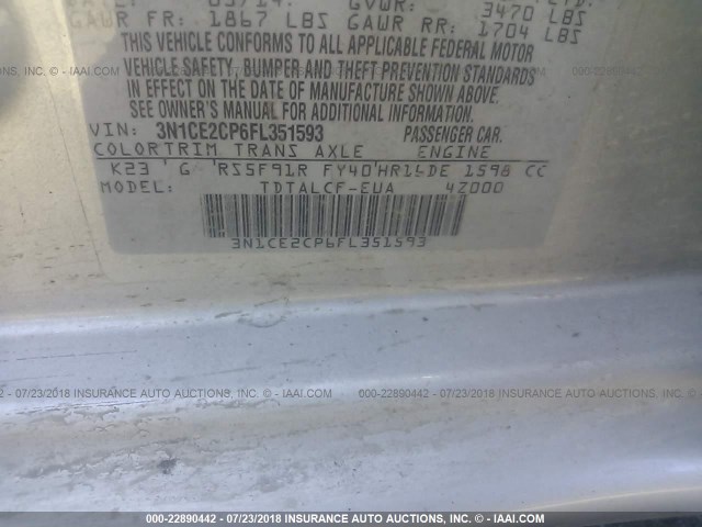 3N1CE2CP6FL351593 - 2015 NISSAN VERSA NOTE S/S PLUS/SV/SL/SR SILVER photo 9