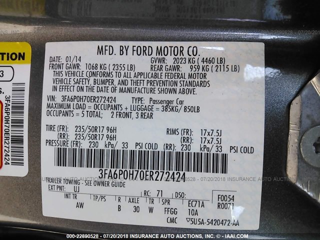 3FA6P0H70ER272424 - 2014 FORD FUSION SE GRAY photo 9