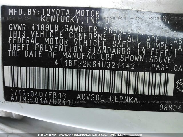 4T1BE32K64U321142 - 2004 TOYOTA CAMRY LE/XLE/SE Ağ foto 9