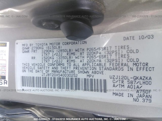 JTJBT20X540030252 - 2004 LEXUS GX 470 GOLD photo 9