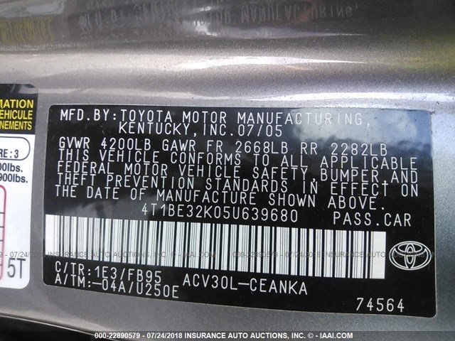 4T1BE32K05U639680 - 2005 TOYOTA CAMRY LE/XLE/SE Boz foto 9