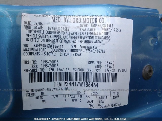 1FAFP34N17W186464 - 2007 FORD FOCUS ZX4/S/SE/SES 蓝色 照片 9