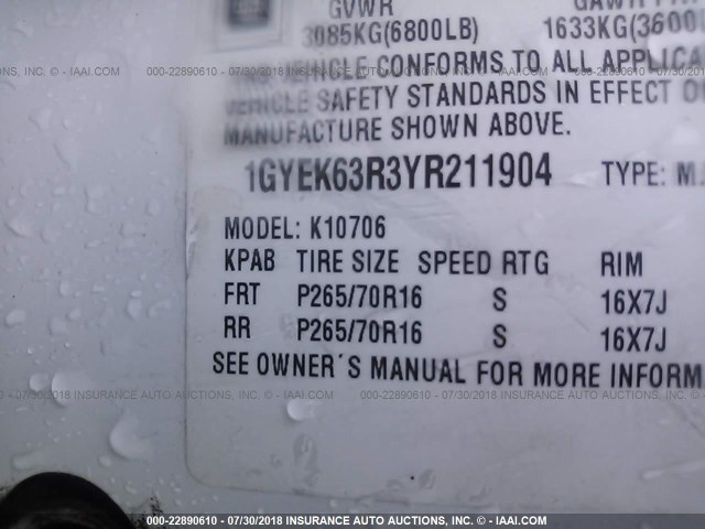 1GYEK63R3YR211904 - 2000 CADILLAC ESCALADE LUXURY თეთრი ფოტო 9