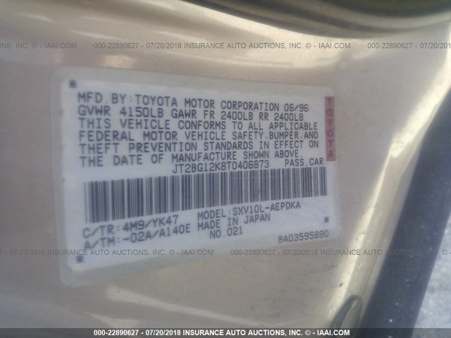 JT2BG12K8T0406873 - 1996 TOYOTA CAMRY DX/LE/XLE SILVER photo 9