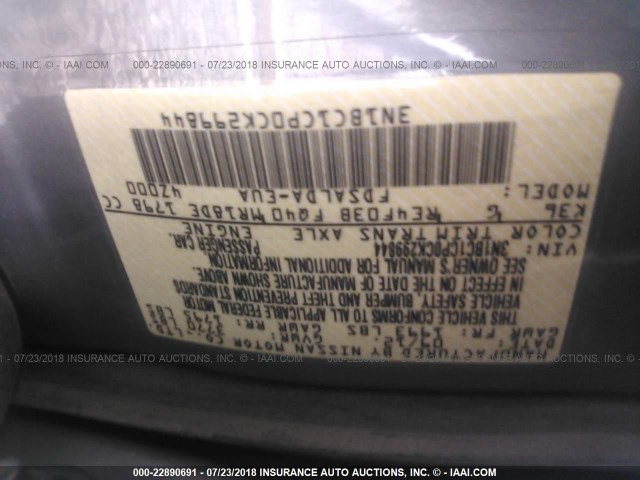 3N1BC1CP0CK299844 - 2012 NISSAN VERSA S/SL GRAY photo 9