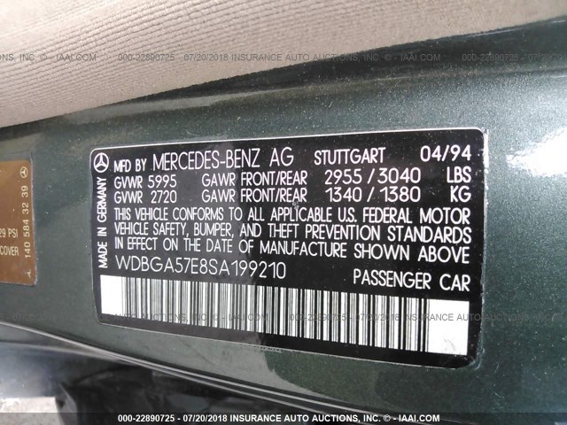 WDBGA57E8SA199210 - 1995 MERCEDES-BENZ S 600 GREEN photo 9