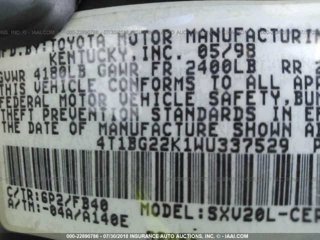 4T1BG22K1WU337529 - 1998 TOYOTA CAMRY CE/LE/XLE მწვანე ფოტო 9