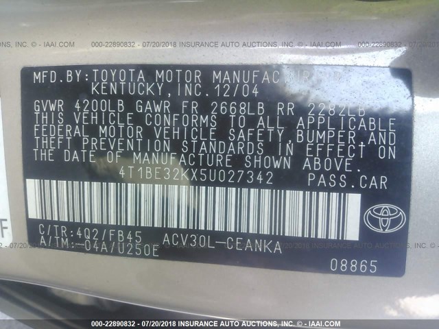 4T1BE32KX5U027342 - 2005 TOYOTA CAMRY LE/XLE/SE Qızıl foto 9